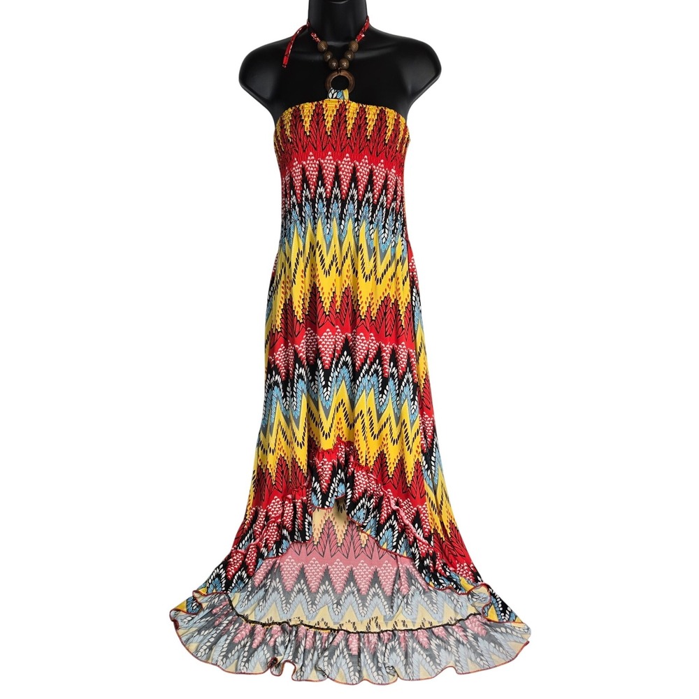 Jaymy Boho High Low Maxi Dress Women M‎ Zig Zag Print Halter Neck Beach Vacation